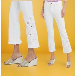 Frame Le Crop Mini Boot Floral Embroidered Raw Hem Jeans White Size 27